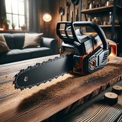 A photo of a professional-grade chainsaw with a robust design, placed on a wooden surface, highlighting its power and cutting effectiveness - obrazy, fototapety, plakaty
