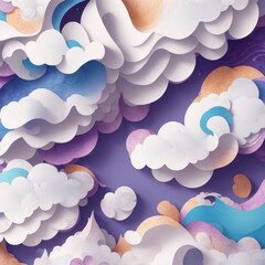 A Colorful Mural of Clouds and Rainbows on a Vibrant Purple Wall
