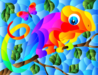 An illustration in the style of a stained glass window with a bright cartoon chameleon on a tree branch on a blue background, a rectangular image