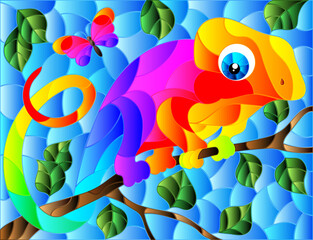An illustration in the style of a stained glass window with a bright cartoon chameleon on a tree branch on a blue background, a rectangular image © Zagory
