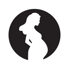 Silhouette of a pregnant woman in a round shape frame, side view. Illustration on transparent background