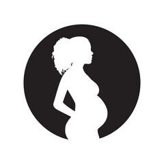 Silhouette of a pregnant woman in a round shape frame, side view. Illustration on transparent background