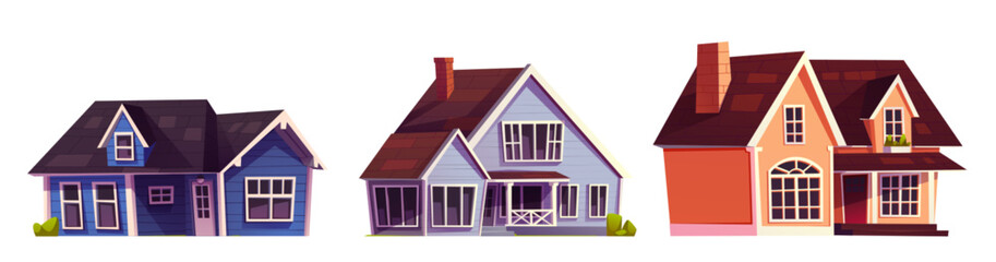 Suburban houses set isolated on white background. Vector cartoon illustration of traditional american town cottages with windows, doors, porch, chimney on roof, wooden facade, street design elements