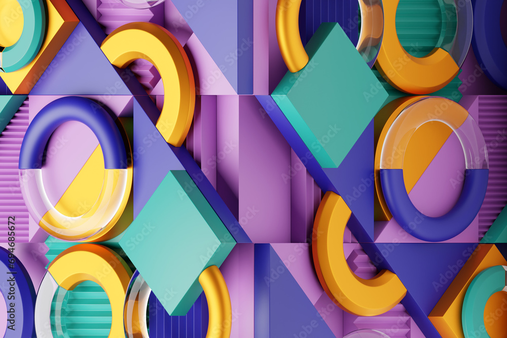Poster geometric composition with different shapes. dynamic set of realistic tori, rings, tubes. modern bac