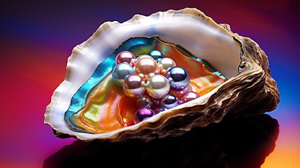 Concha nacarada con perlas multicolores en su interior, resaltadas contra un fondo vibrante y colorido - obrazy, fototapety, plakaty