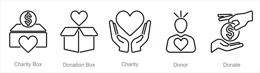 A set of 5 Charity and donation icons as charity box, donation box, charity