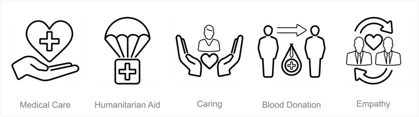 A set of 5 Charity and donation icons as medical care, humanitarian aid, caring - obrazy, fototapety, plakaty