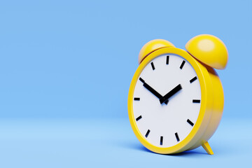 3d Illustration of a yellow  alarm clock double bells in on a blue   background. Conceptual image of an alarm clock, rendered 3d