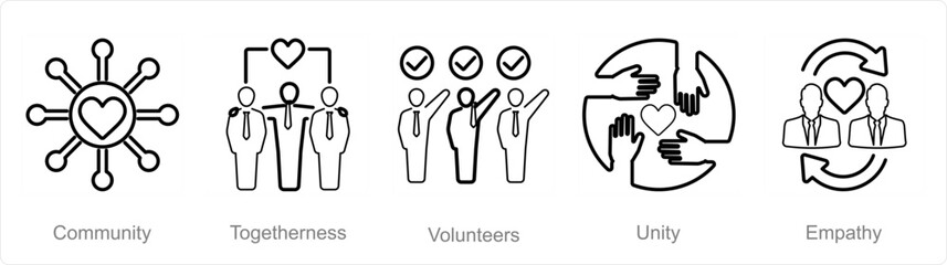 A set of 5 Charity and donation icons as community, togetherness, volunteers