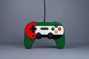 3D illustration, joystick gamepad, game console or game controller with the colors of the national flag of the UAE. Computer games. Cartoon minimalistic style.