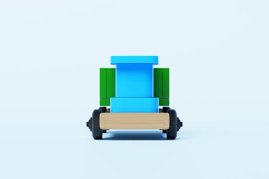 3d illustration of children's toy of a multicolored truck  on a white isolated background. Eco-friendly toy for parents and children