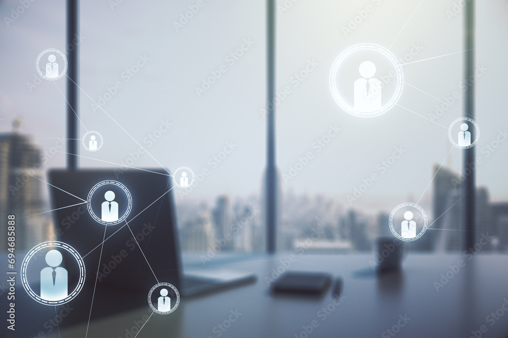 Aufkleber Social network concept and modern desktop with computer on background. Multiexposure