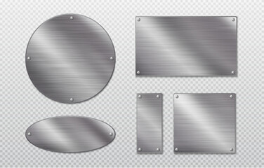 Steel metal tag plate of rectangular, square and round shape with rivets. Realistic vector set of blank aluminum nameplates or boards with screws. Chrome surface empty plaque or frame mockup.