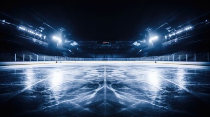Fototapeta na wymiar Empty Ice Hockey Rink with Glare and Arena Seating