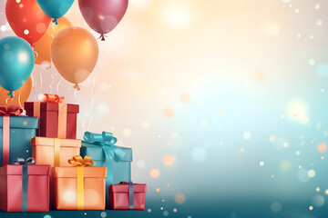 birthday party balloons, colourful balloons background and birthday cake with candles