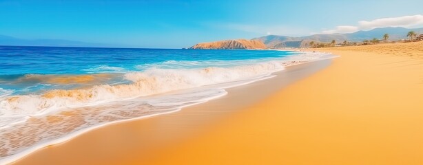 Golden Sandy Beach with Turquoise Waves and Blue Sky