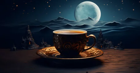Foto op Plexiglas Cup of arabic coffee with crescent moon, ramadan concept © Lucky Ai