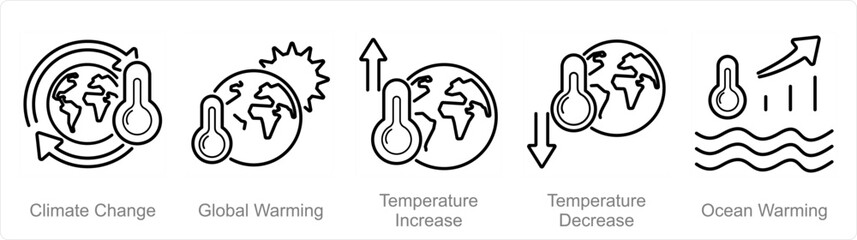 A set of 5 climate change icons as climate change, global warming, temperature increase - obrazy, fototapety, plakaty