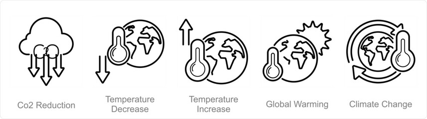 A set of 5 climate change icons as co2 reduction, temperature decrease, temperature increase - obrazy, fototapety, plakaty
