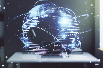 Abstract graphic digital world map with connections and modern desktop with pc on background,...