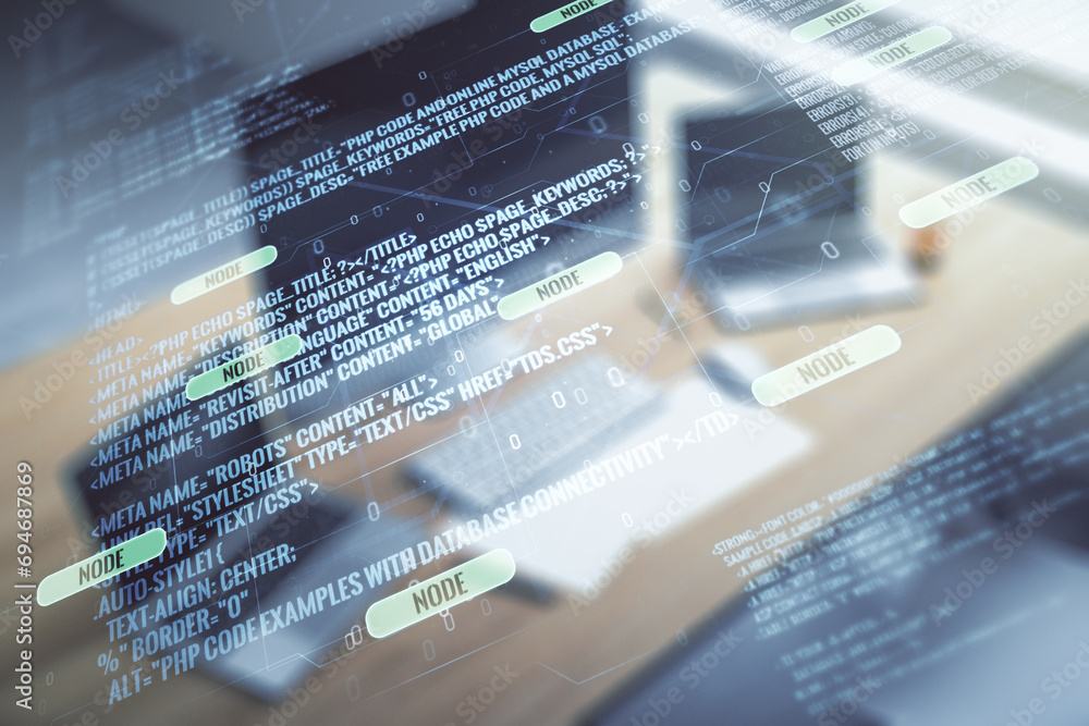 Poster double exposure of abstract creative programming illustration and modern desk with computer on backg