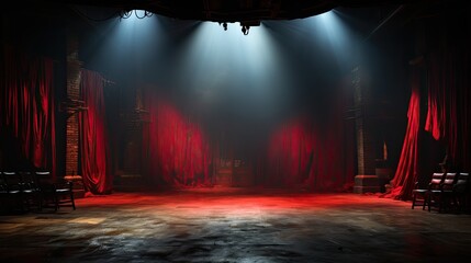 Dramatic Theater Stage with Red Curtains Under Spotlight
