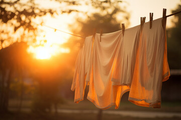 A row of multi-coloured garments hangs on a line in the fresh air, showcasing nature's laundry in a sunny backyard. AI generative.