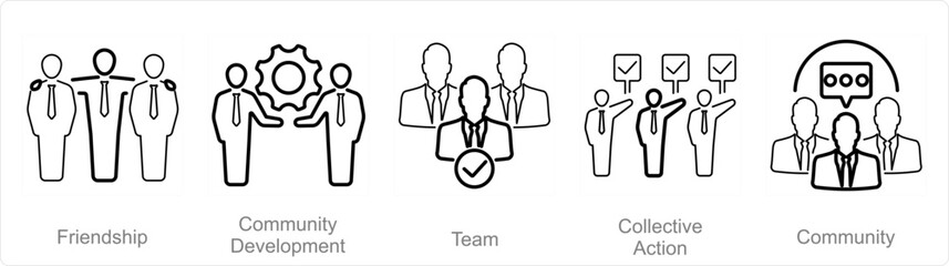 A set of 5 Community icons as friendship, community development, team