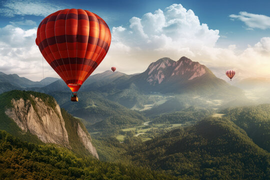 Hot air balloon ride at sunset over a mountain range, a tranquil and scenic escape into the evening sky. AI Generative.