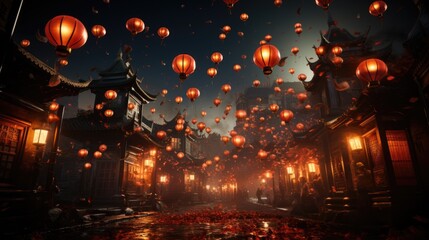 Festive Chinese Lanterns Adorning Traditional Street at Dusk