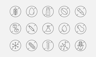 Food allergen free icons set. Lactose free, gluten free, sugar free signs. Vector - obrazy, fototapety, plakaty