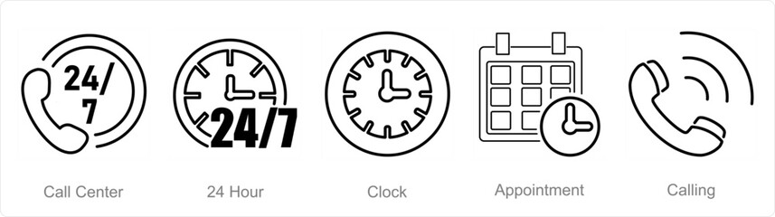A set of 5 Contact icons as call center, 24 hour, clock