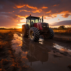 Close up of a Tractor with a sunrise in the background