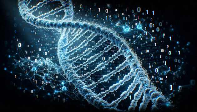 Digital Genetics: AI-Driven DNA Molecule in Binary Code - Medical Biotechnology Concept