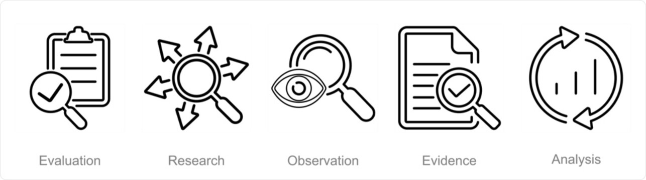 A set of 5 Critical Thinking icons as evaluation, research, observation
