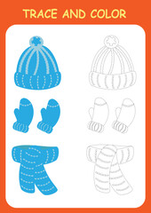 Trace and color the clothes, hat, scarf and mittens. Coloring book for preschool children. Handwriting practice.