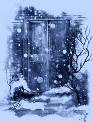 Old vintage door in winter day. Mixed media: watercolour, gouache, digital.  - 694691028