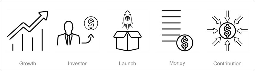A set of 5 Crowdfunding icons as growth, investors, launch