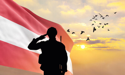 Silhouette of a soldier with the Austria flag stands against the background of a sunset or sunrise....