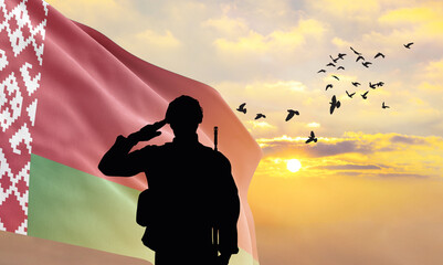 Silhouette of a soldier with the Belarus flag stands against the background of a sunset or sunrise....