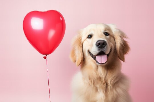 cute golden retriever dog with a red heart shaped foil balloon on a pastel pink background for Valentines Day