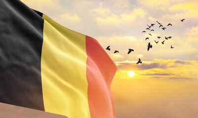 Waving flag of Belgium against the background of a sunset or sunrise. Belgium flag for Independence Day. The symbol of the state on wavy fabric.