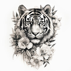 Tiger surrounded by black and white flowers for tattoo design white background