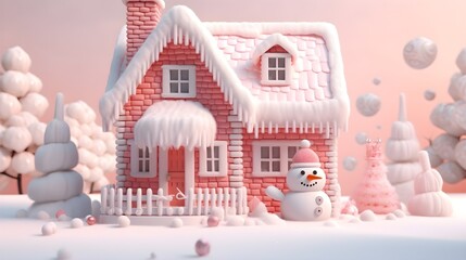 knitted style 3d illustration of a house in winter with soft pastel color, cute snow man, red pastel color