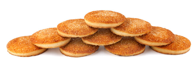 Beautiful round cookies isolated on a white background. A wall built from cookies on a white background.