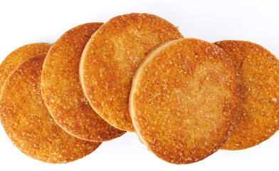 Beautiful round cookies on a white background. A few cookies. Row of cookies.