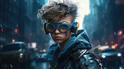 Cyberpunk modern futuristic boy with glasses AI generated image - obrazy, fototapety, plakaty