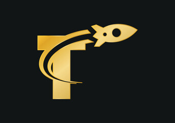 Modern Rocket Logo and letter T. Simple Flying Rocket. Can be used for Business and Technology Logos. Flat Vector Logo Design Template Elements.
