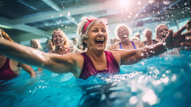 Senior women reveling in an aqua fit class. AQUAGYM