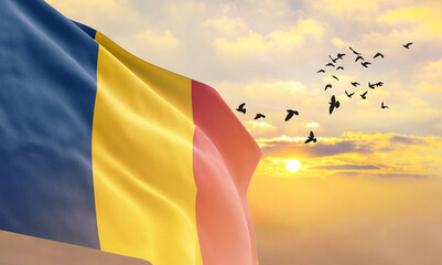 Waving flag of Chad against the background of a sunset or sunrise. Chad flag for Independence Day. The symbol of the state on wavy fabric.